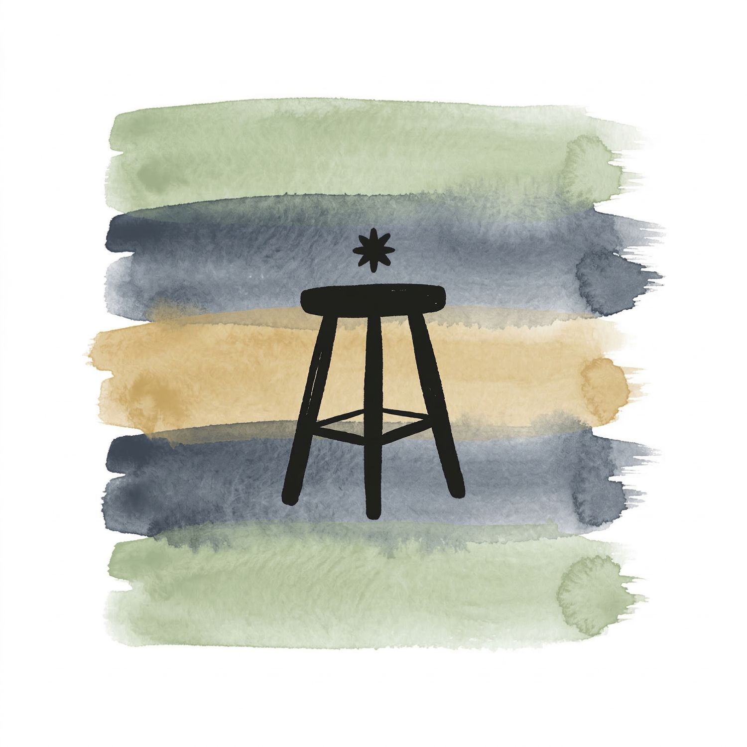 Five horizontal watercolor brush strokes in sage green and ink blue with a soft-gold accent on white, with a Saul Bass–style ink icon of a three-legged stand with a small star-like dot resting on top, suggesting quiet support.