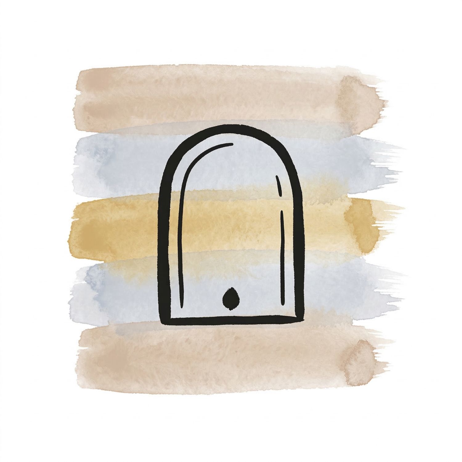 Five horizontal watercolor brush strokes in soft clay and cool ash with a soft-gold accent on white, with a Saul Bass–style ink icon of a simple doorway outline and a small ember dot sitting on the threshold line.