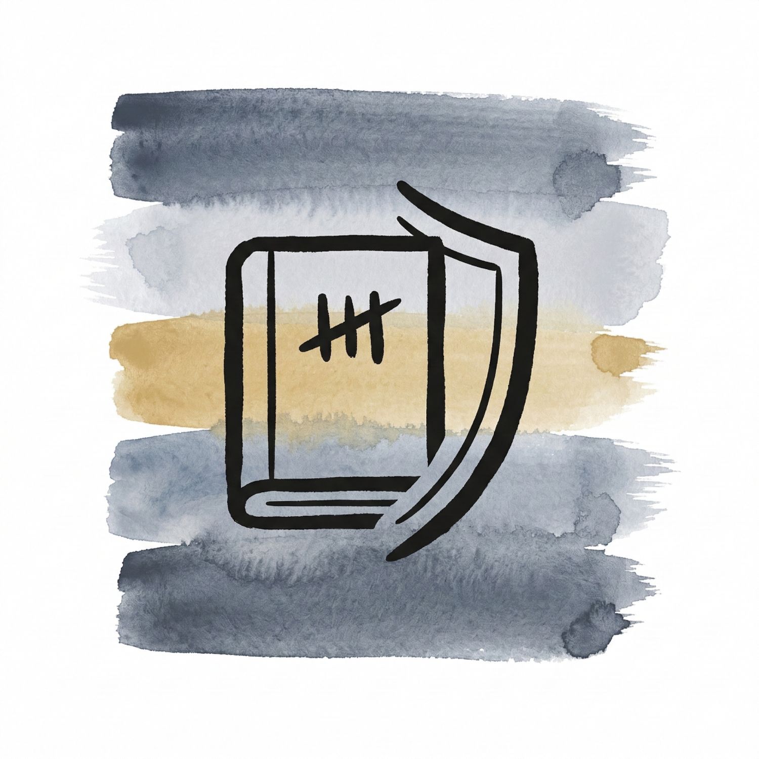 Five horizontal watercolor brush strokes in ink blue and cool ash with a soft-gold accent on white, with a Saul Bass–style ink icon of a simple ledger rectangle with three tally marks and a curved shield arc wrapping one edge.