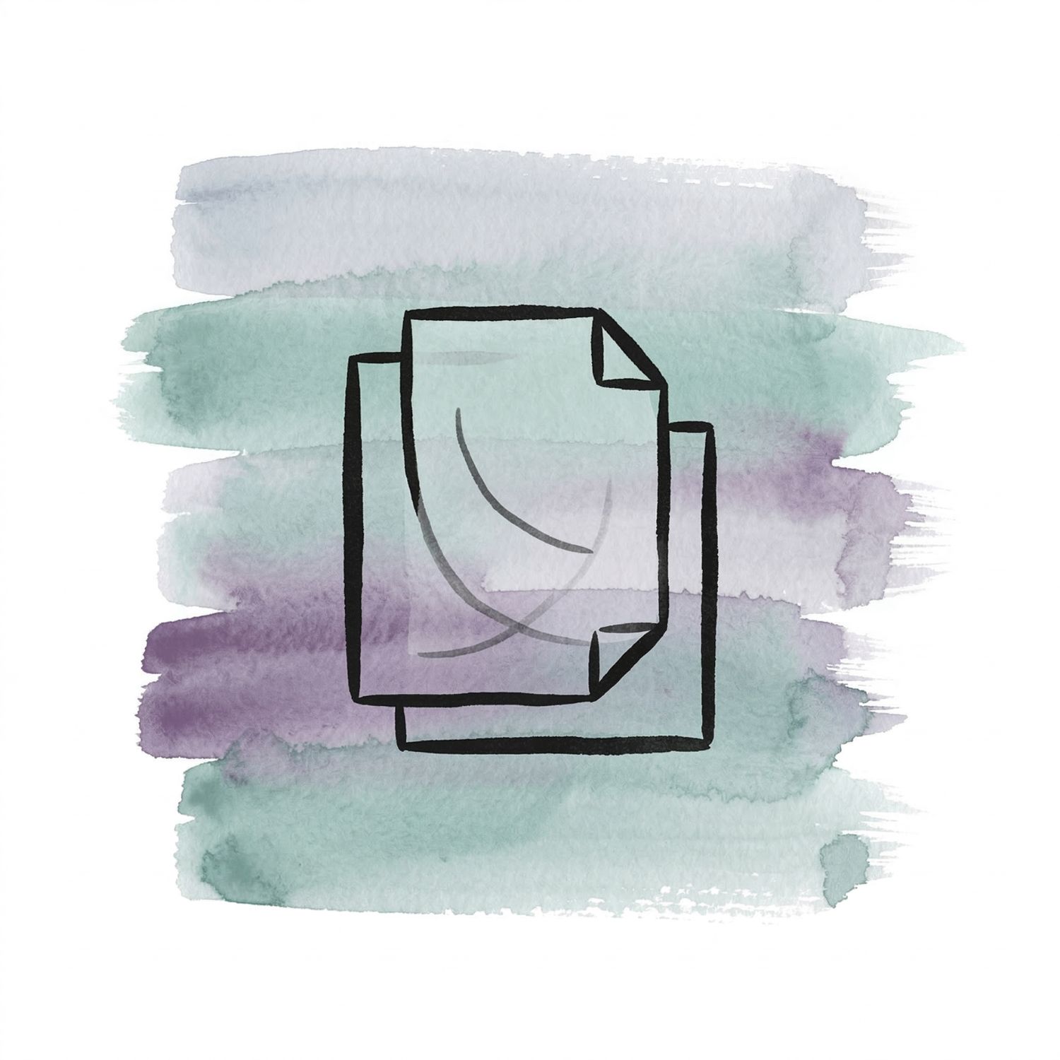 Five horizontal watercolor brush strokes in cool ash and misted teal with a deep lavender accent on white, with a Saul Bass–style ink icon of two overlapping paper-like rectangles with one faint and one clearer curved line, suggesting a layered rewrite.