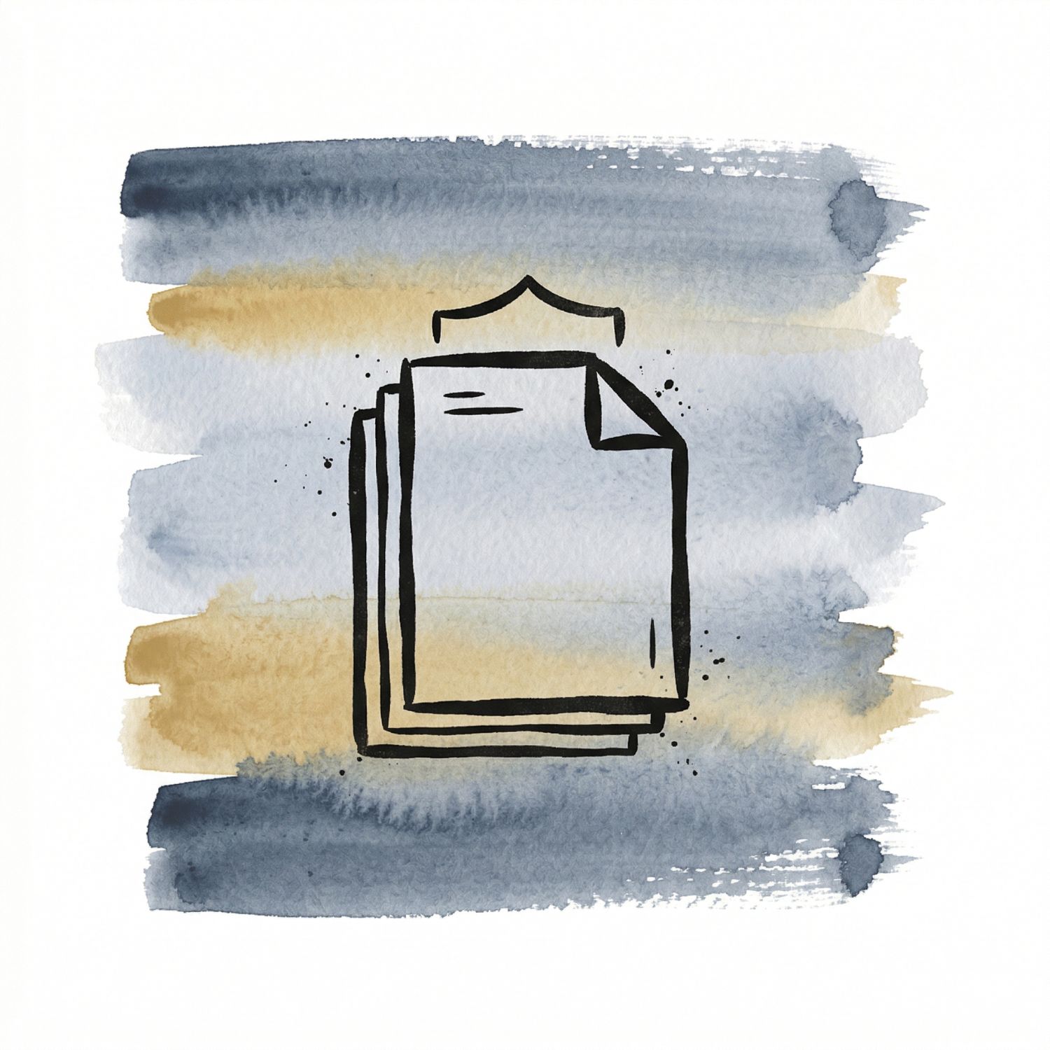Five horizontal watercolor brush strokes in ink blue and cool ash with a soft-gold accent on white, with a Saul Bass–style ink icon of a stack of three paper rectangles with a folded corner and a small shield arc hovering over it.