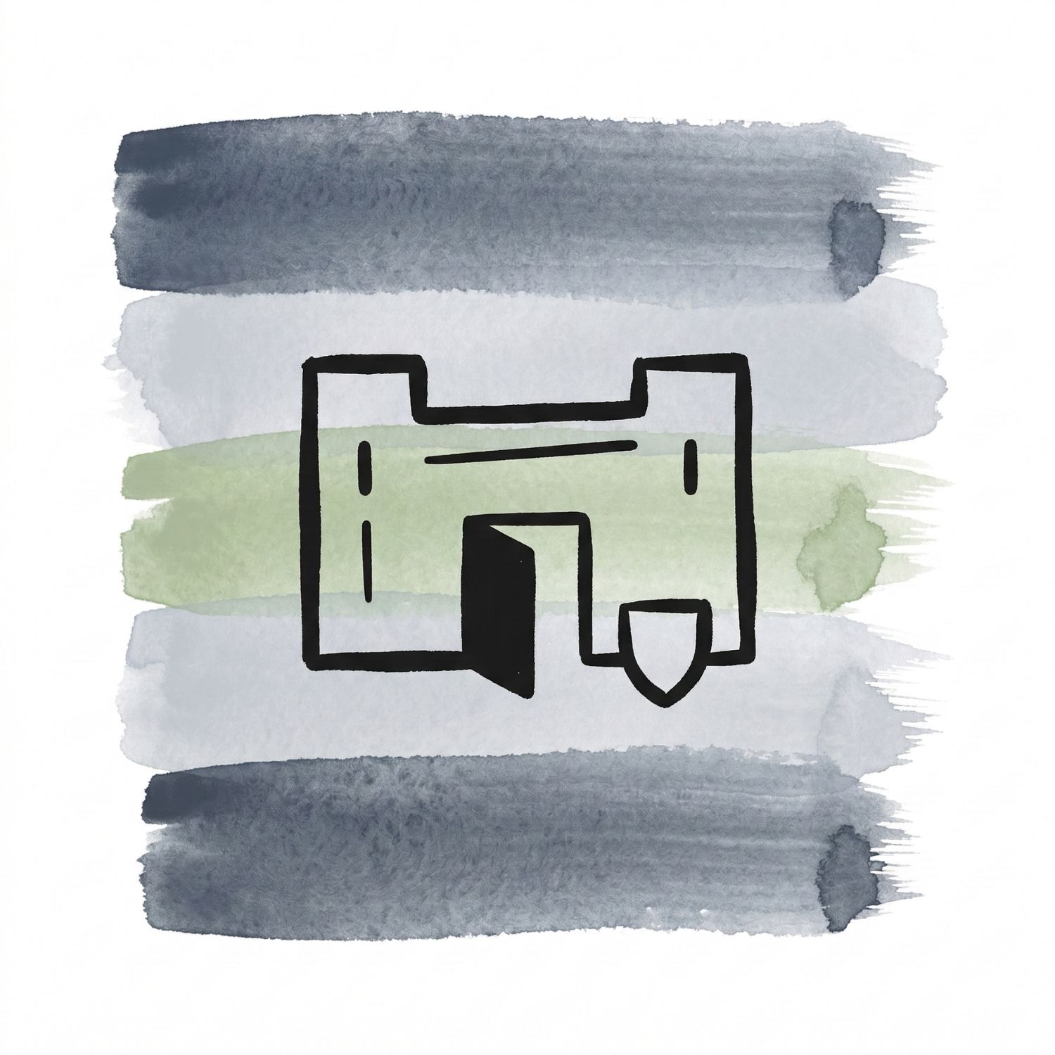 Five horizontal watercolor brush strokes in ink blue and cool ash with a sage accent on white, with a Saul Bass–style ink icon of a simple fort wall with an open gate and a small shield set down beside it.