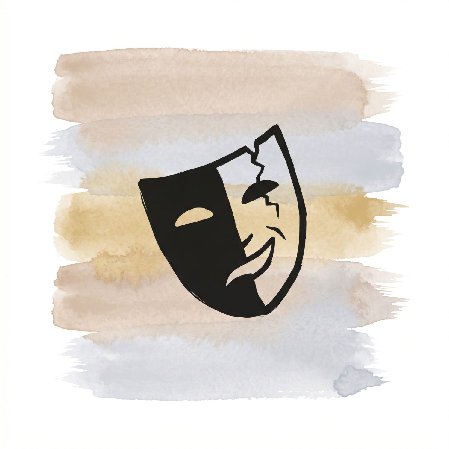 Five horizontal watercolor brush strokes in soft clay and cool ash with a soft-gold accent on white, with a Saul Bass–style ink icon of a rotated half-mask silhouette with a small crack line on one side.