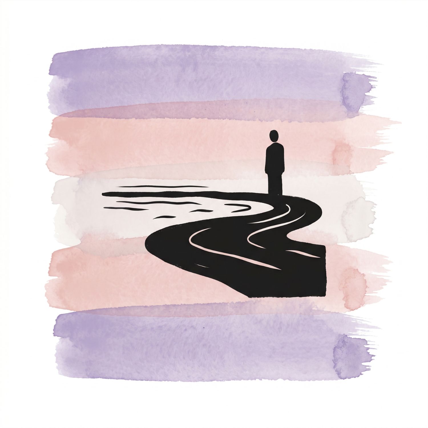 Five horizontal watercolor brush strokes in lavender mist and dawn pink with a quiet light accent on white, with a Saul Bass–style ink icon of a wide flowing band of water with gentle ripple lines and a single upright column-like form standing at one edge of it.