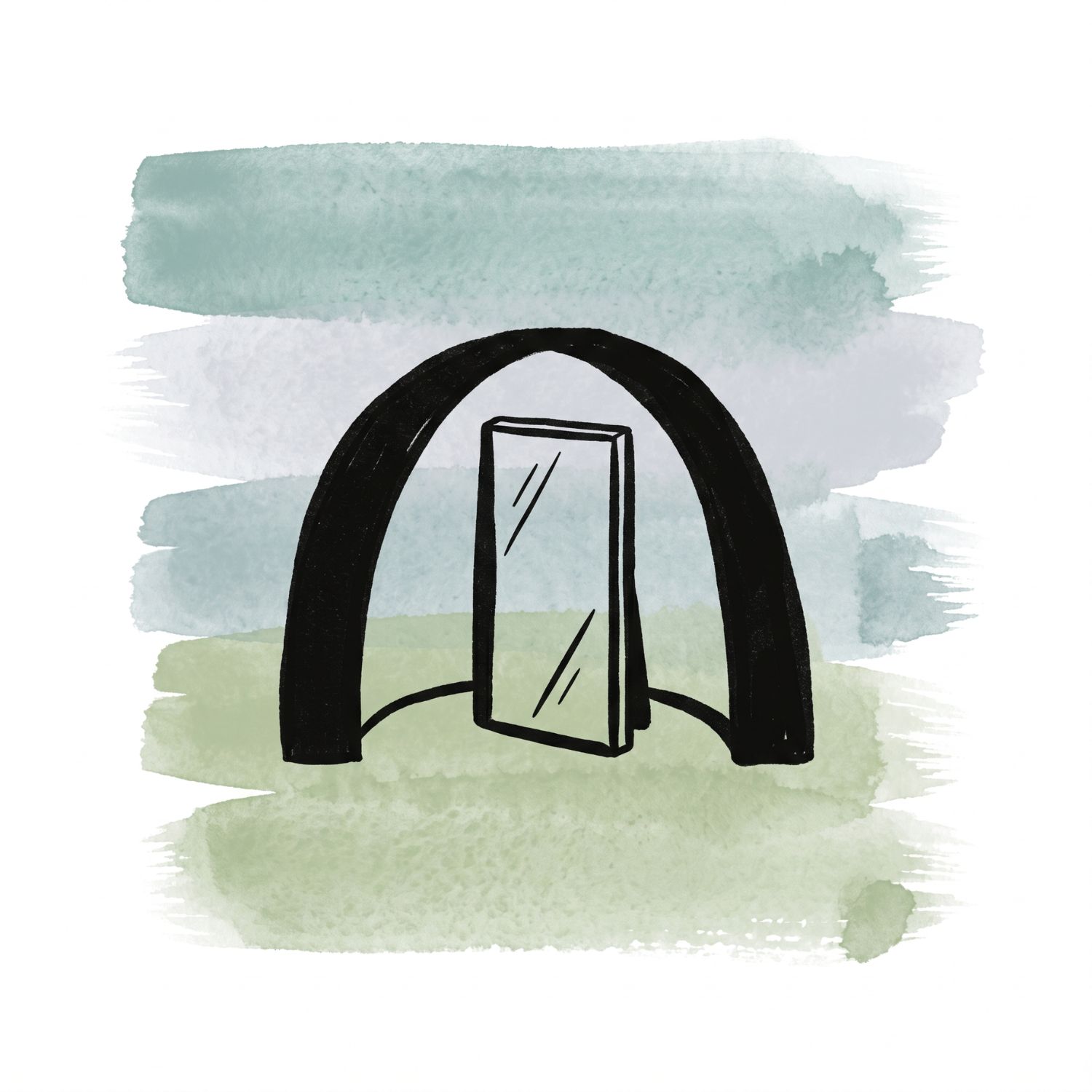 Five horizontal watercolor brush strokes in misted teal and cool ash with a sageveil accent on white, with a Saul Bass–style ink icon of a low curved arch with a single tall upright panel standing inside it, the arch framing the panel as both protection and enclosure.