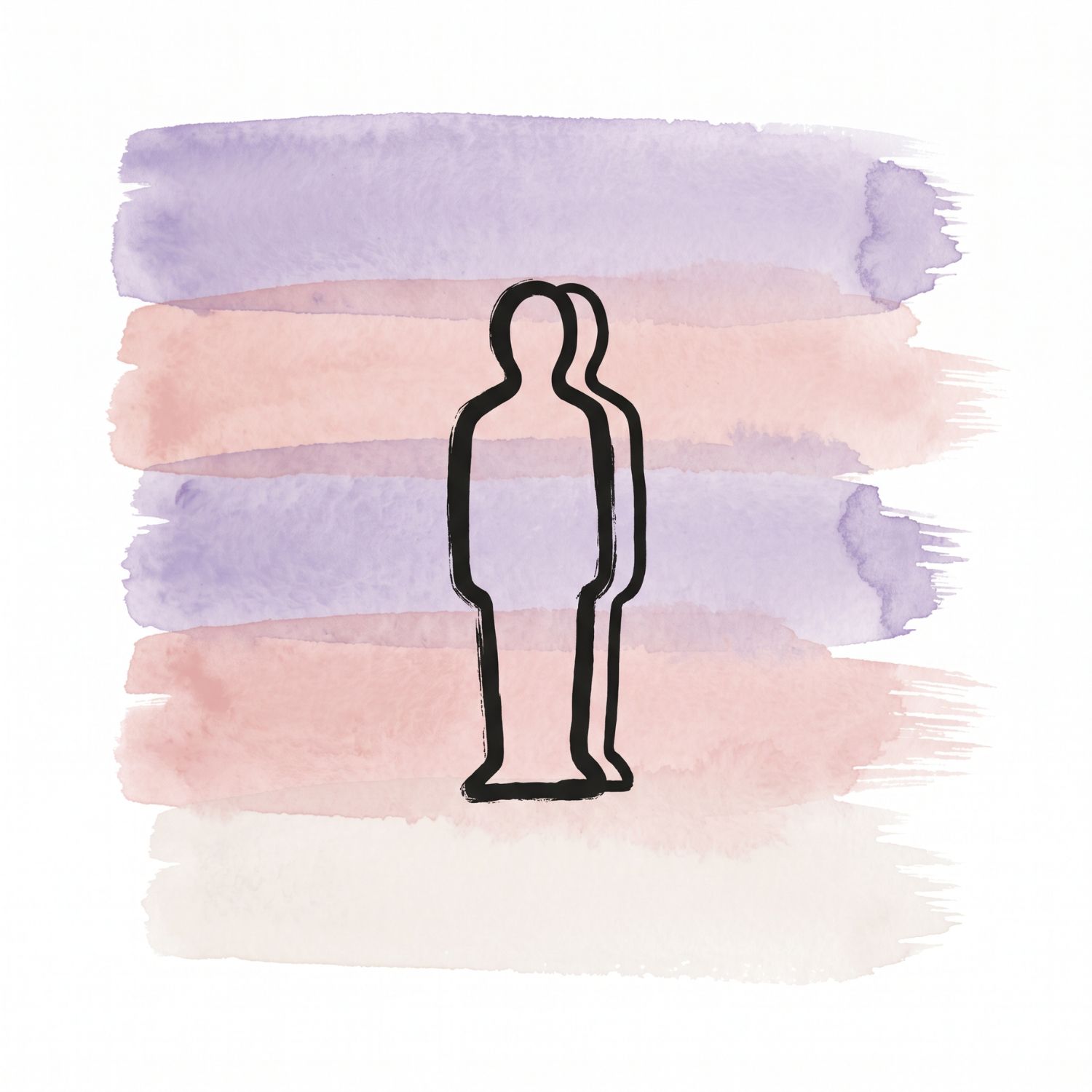 Five horizontal watercolor brush strokes in lavender mist and dawn pink with a quiet light accent on white, with a Saul Bass–style ink icon of a standing form with a second offset outline just behind it, suggesting a shadow that doesn't quite align with the original.