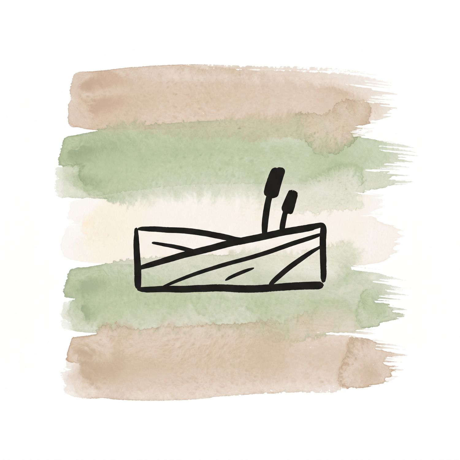 Five horizontal watercolor brush strokes in soft clay and sageveil with a warm ivory accent on white, with a Saul Bass–style ink icon of a wide flat horizontal landscape with one or two short upright stalks standing in it, the rest of the field bare and settled.