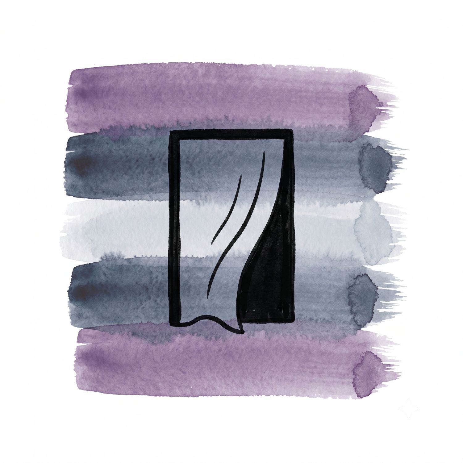 Five horizontal watercolor brush strokes in deep lavender and ink blue with a cool ash accent on white, with a Saul Bass–style ink icon of a vertical doorway with a soft curved drape partially crossing it, suggesting fabric caught in a current.