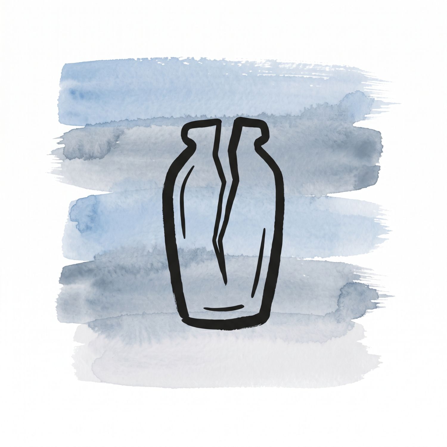 Five horizontal watercolor brush strokes in serenity blue and slate whisper with a pale fog accent on white, with a Saul Bass–style ink icon of a sealed vessel with a single asymmetrical fissure running through its center.
