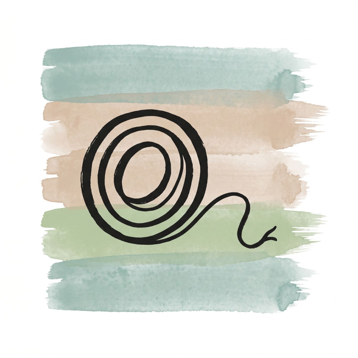 Five horizontal watercolor brush strokes in misted teal and soft clay with a sageveil accent on white, with a Saul Bass–style ink icon of a rounded spool with a single thread loosening from it, curving away in a gentle slack line that ends in a small parted tip.