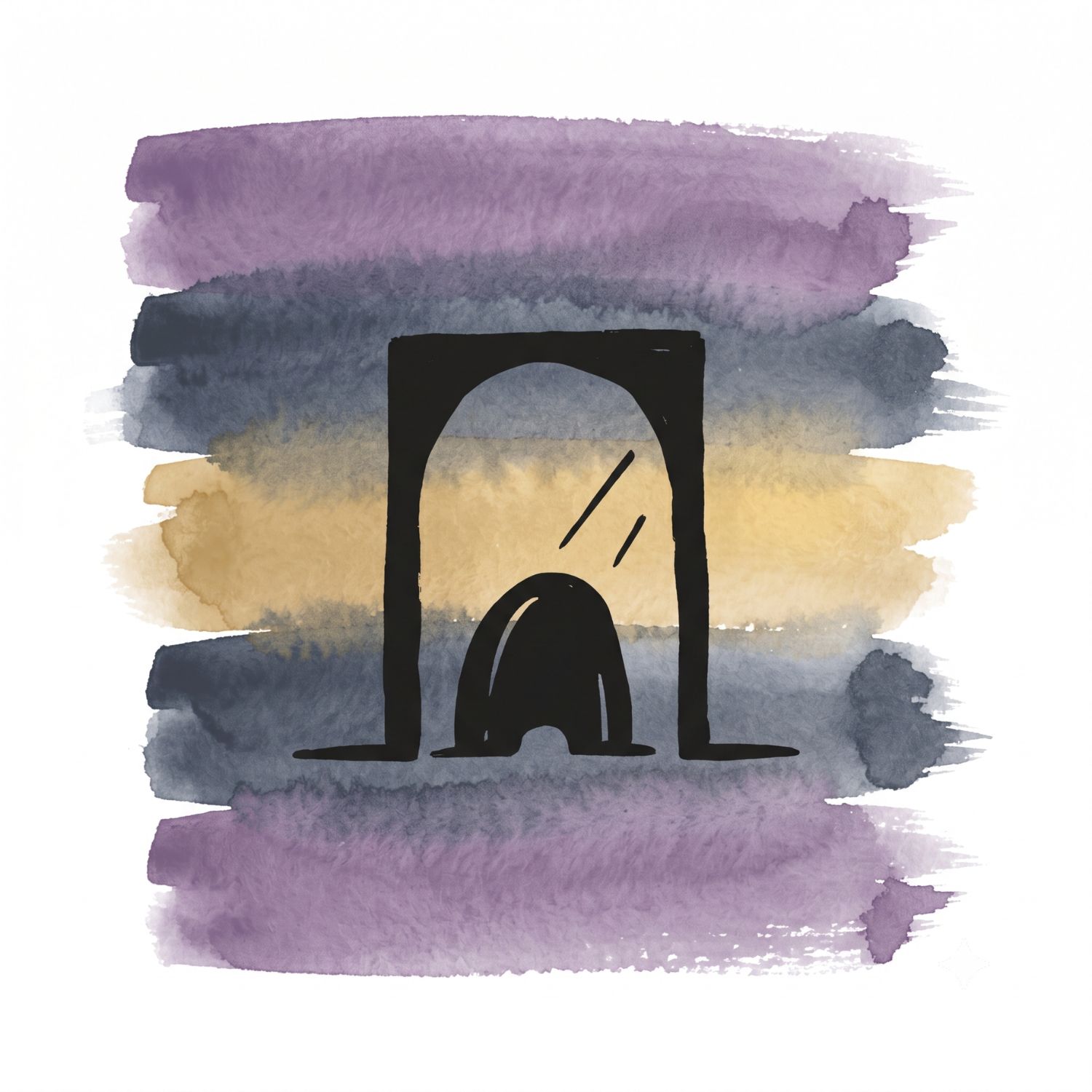 Five horizontal watercolor brush strokes in deep lavender and ink blue with a soft gold accent on white, with a Saul Bass–style ink icon of a small hunched rounded form standing inside a wider open archway, the shape diminished against the size of the doorway.