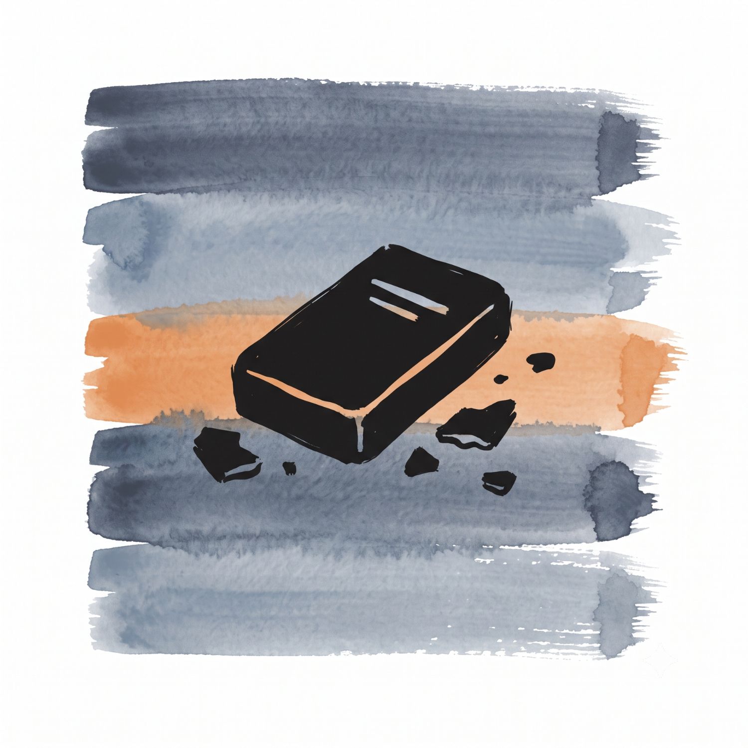Five horizontal watercolor brush strokes in ink blue and slate whisper with an ember orange accent on white, with a Saul Bass-style ink icon of a sealed rectangular form resting among a few scattered broken fragments that trail away from it.