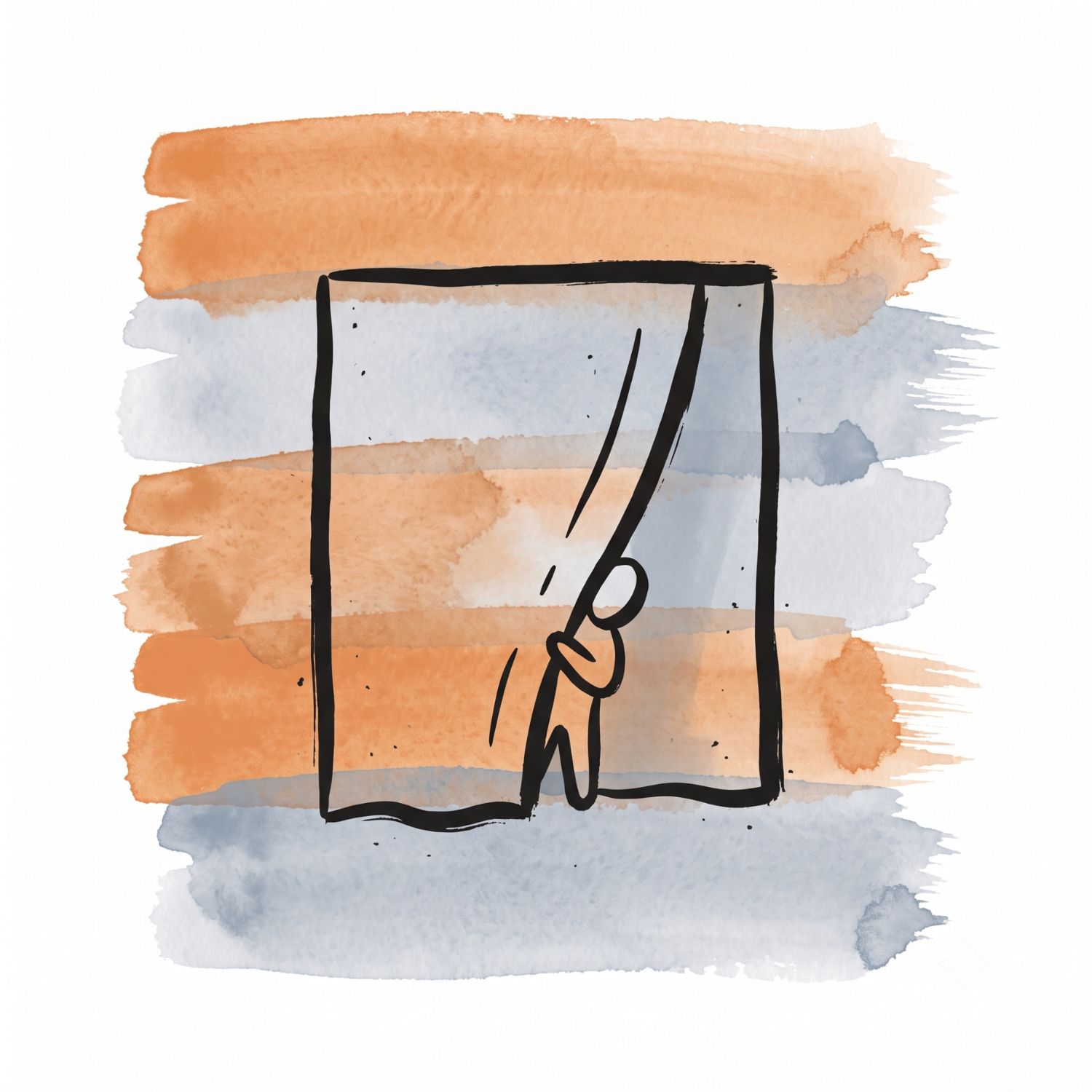 Five horizontal watercolor brush strokes in ember orange and cool ash with a slate whisper accent on white, with a Saul Bass-style ink icon of a large vertical drape taking up most of the frame with one edge pulled aside to reveal a small diminished form behind it.