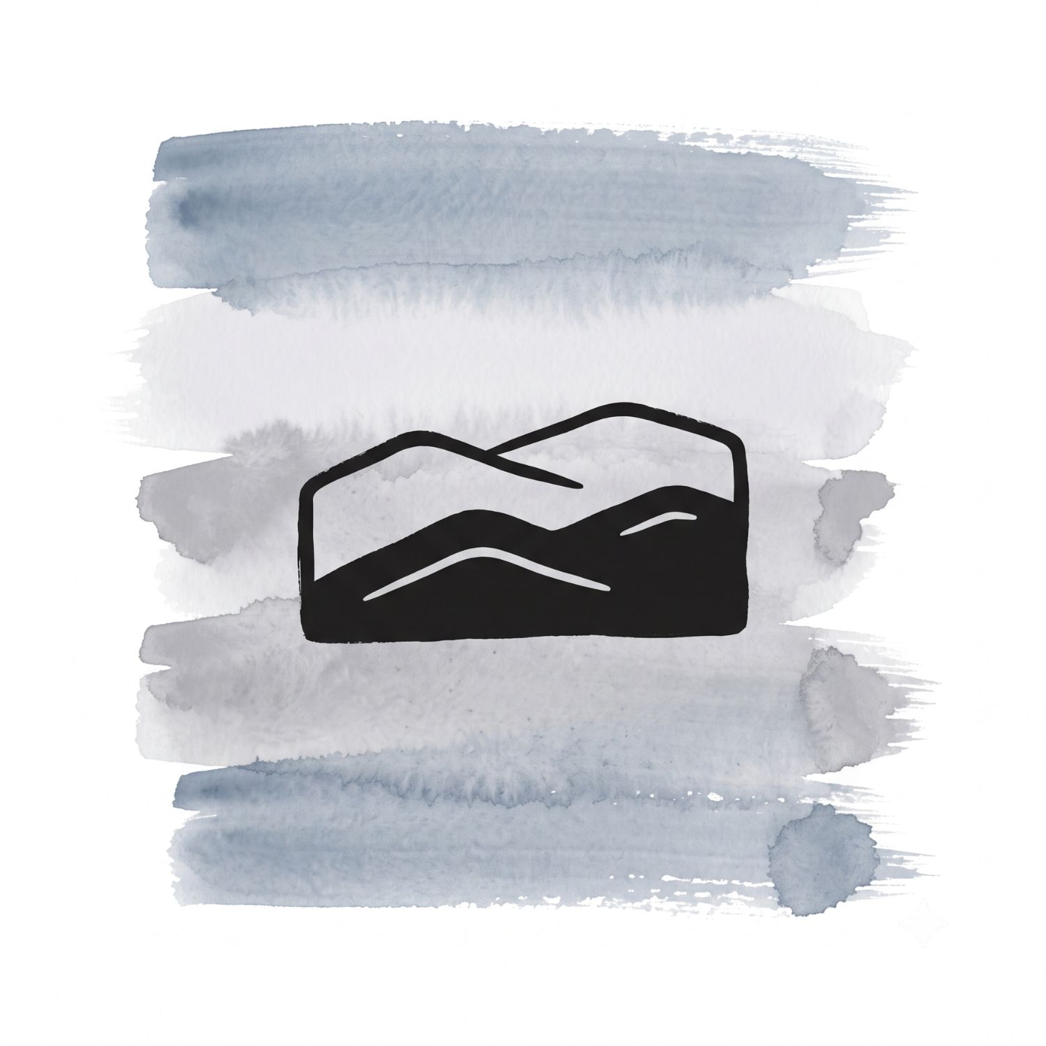 Five horizontal watercolor brush strokes in slate whisper and pale fog with a shadow silver accent on white, with a Saul Bass–style ink icon of two horizontal ridge forms stacked in the composition, the lower one bold and solid, the upper one lighter and softer, suggesting a further terrain visible beyond the first.