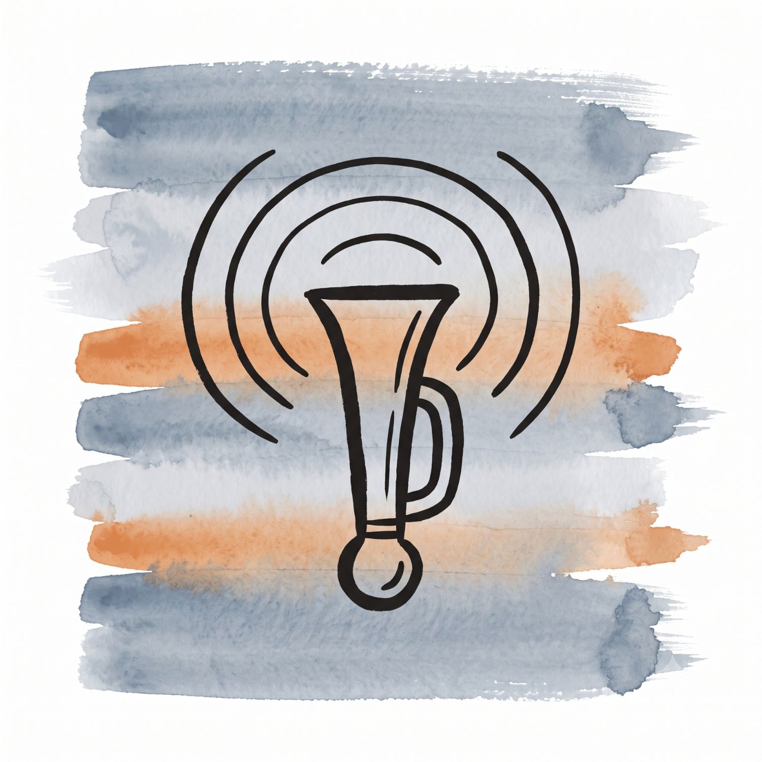 Five horizontal watercolor brush strokes in slate whisper and cool ash with an ember orange accent on white, with a Saul Bass-style ink icon of an upright siren horn near the top with concentric arc lines radiating outward into empty air.